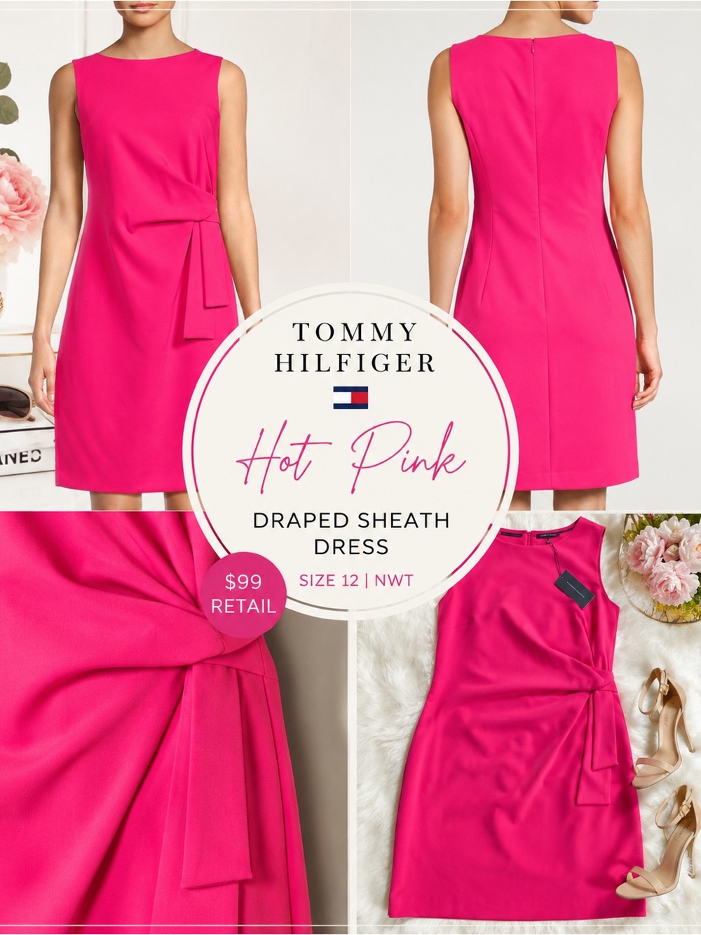Tommy Hilfiger Hot Pink Draped Sheath Mini Dress Size 12 NWT